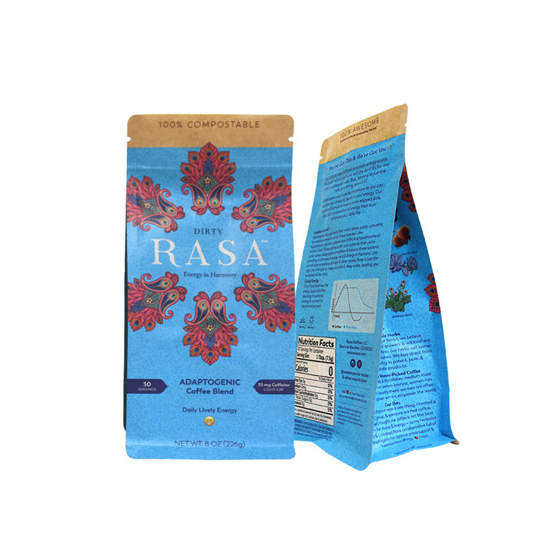 Bolsa de café biodegradable fondo plano con cremallera de desgarro fácil